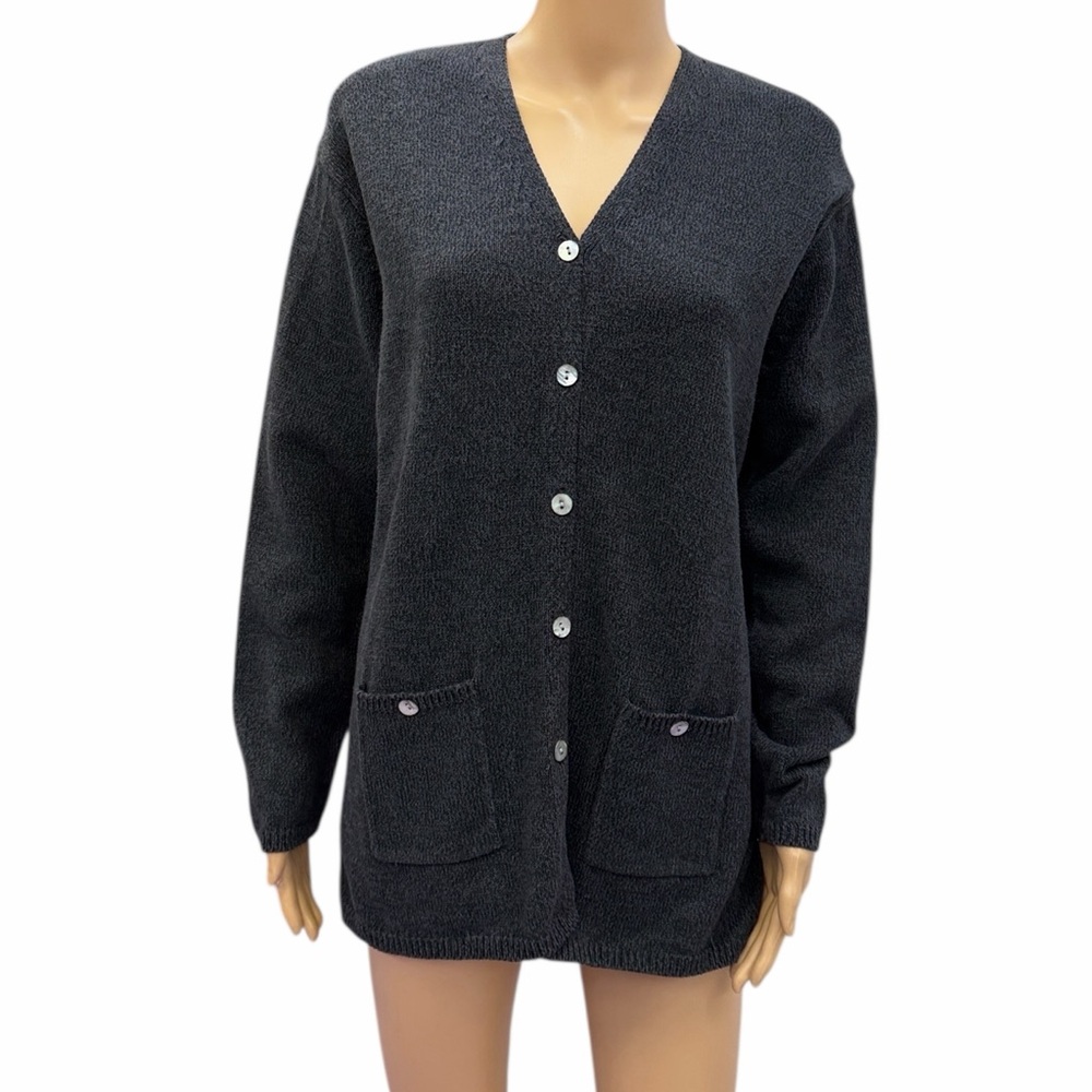 Karen Scott V Neck Charcoal Gray Cardigan With Pockets Petite Large